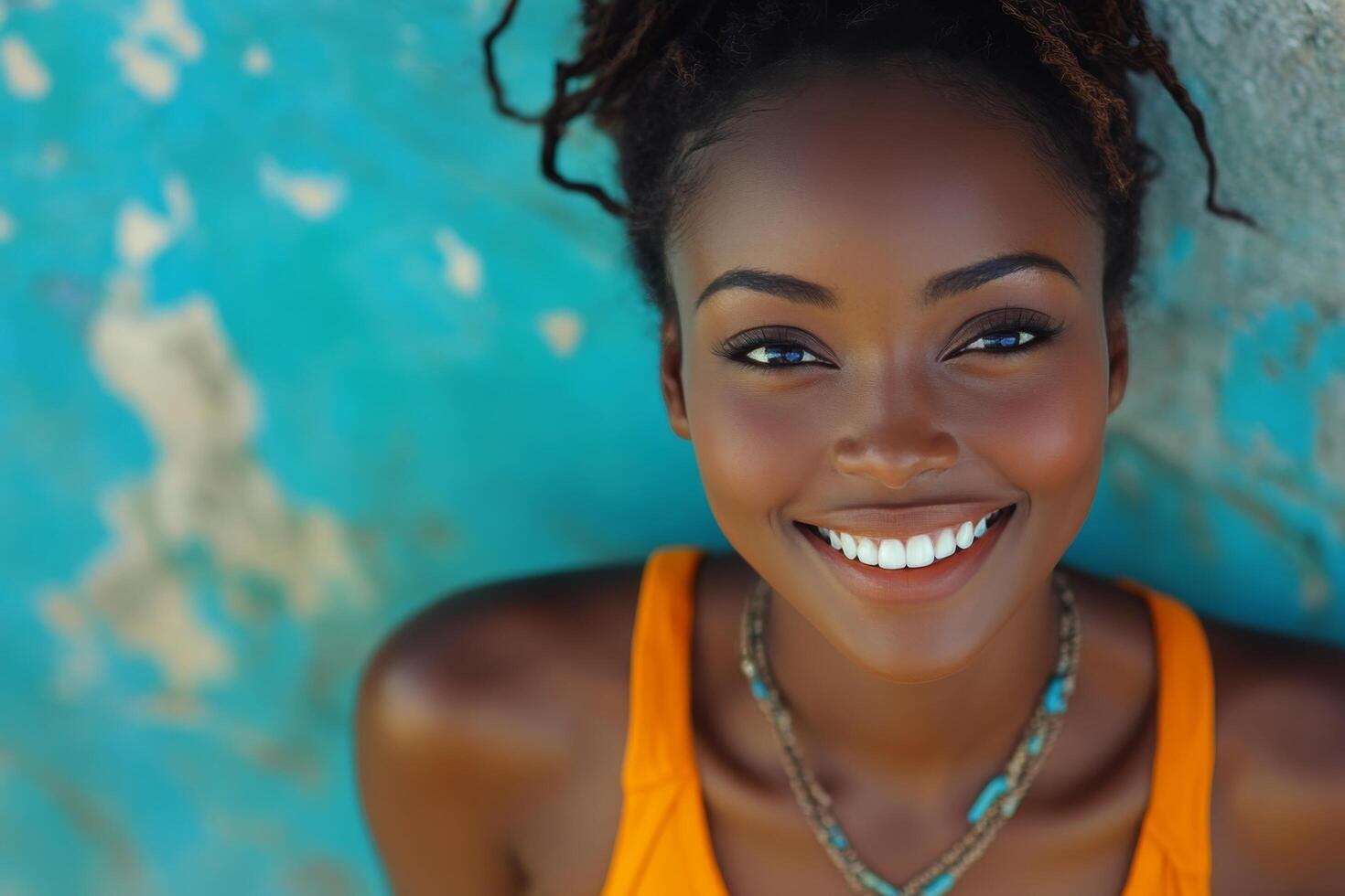 Beautiful african american woman smiling with blue wall background photo