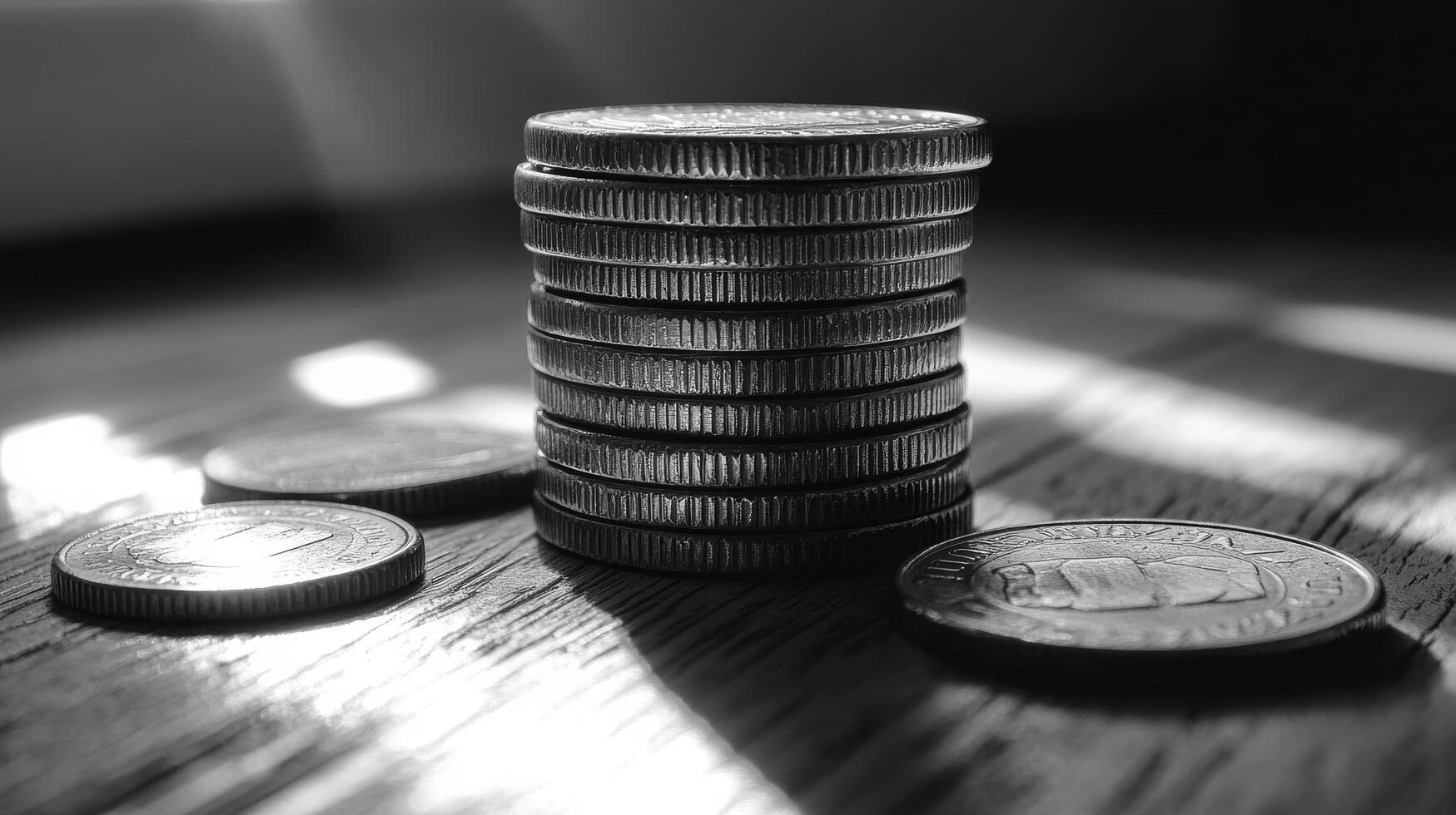 A black and white photo of coins on a table