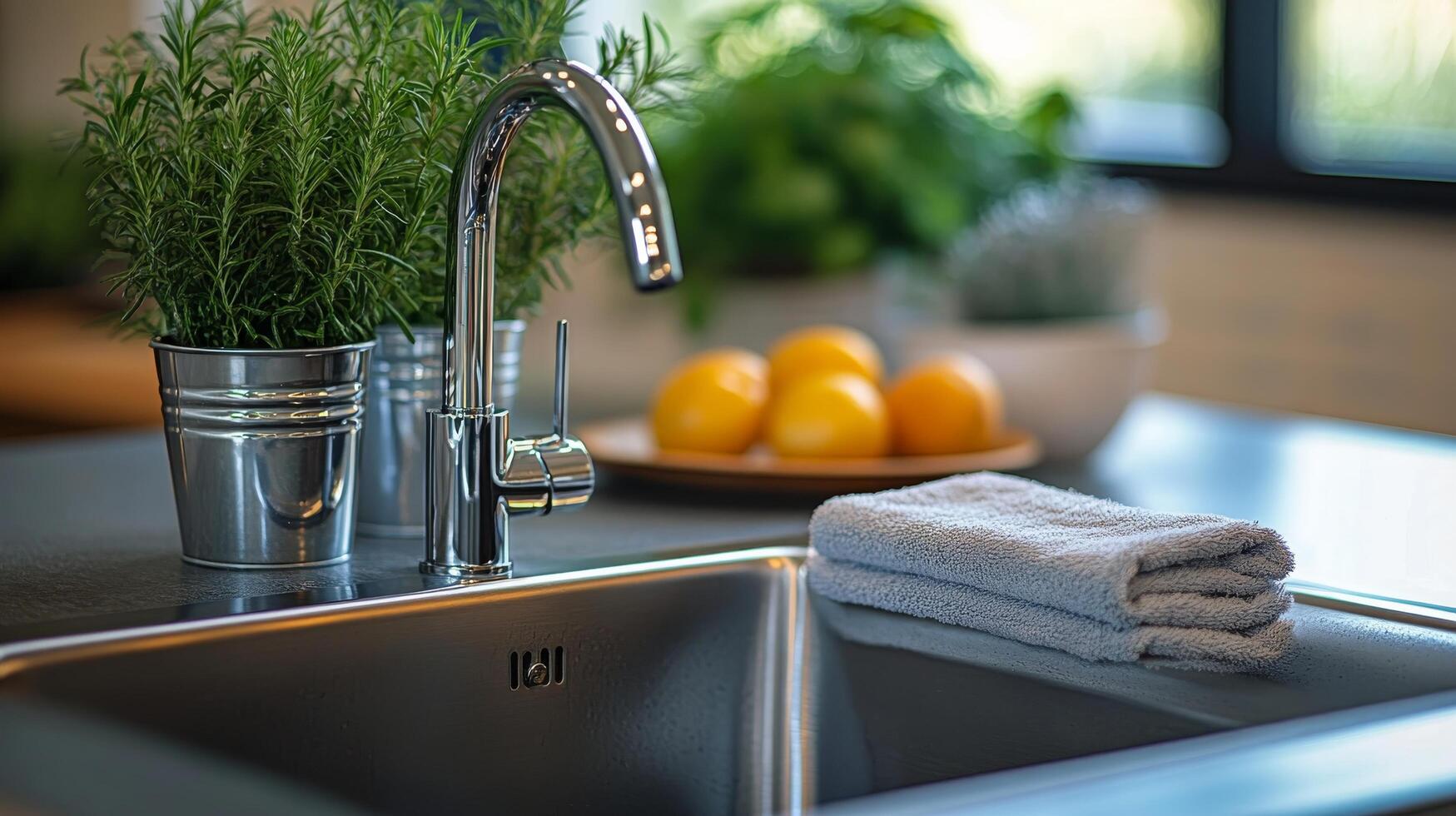 A kitchen sink with a towel and a plant photo
