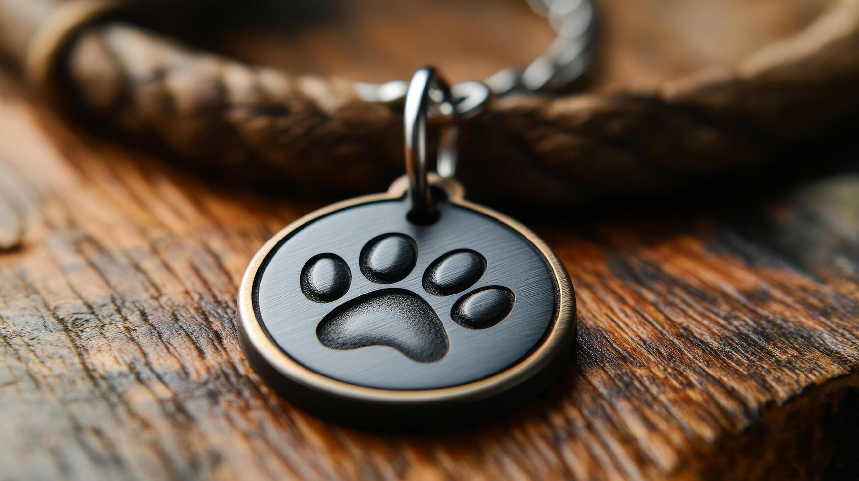 A dog paw print on a black metal dog tag photo