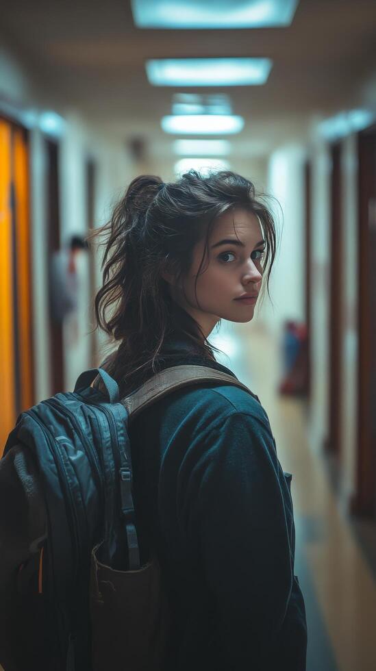 Young person walking down a dimly lit corridor with backpack in a school setting photo