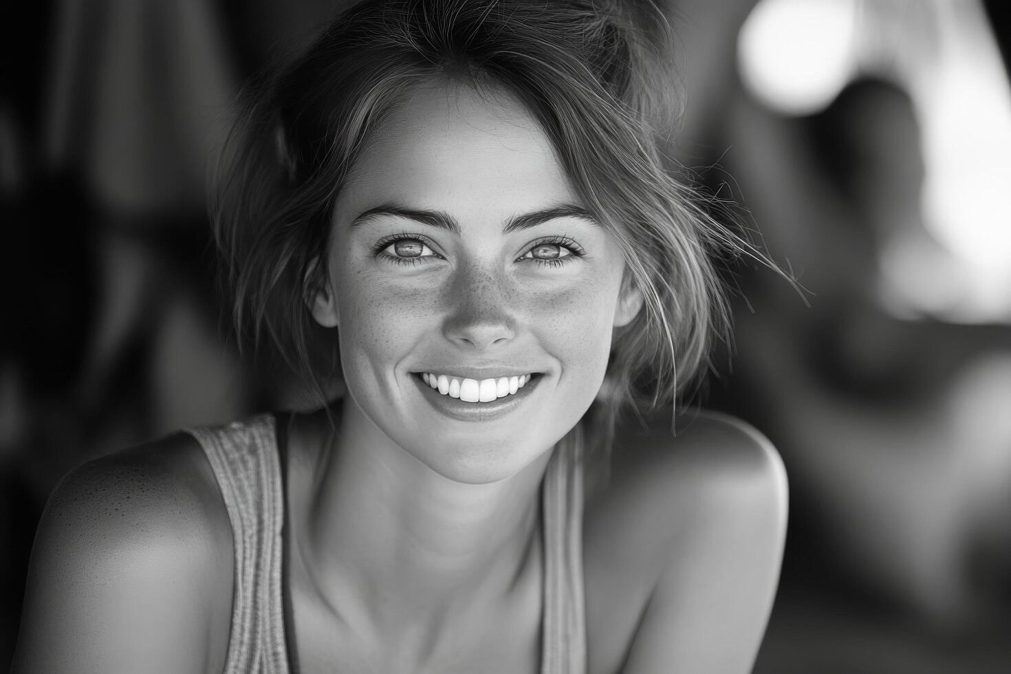 A black and white photo of a woman smiling