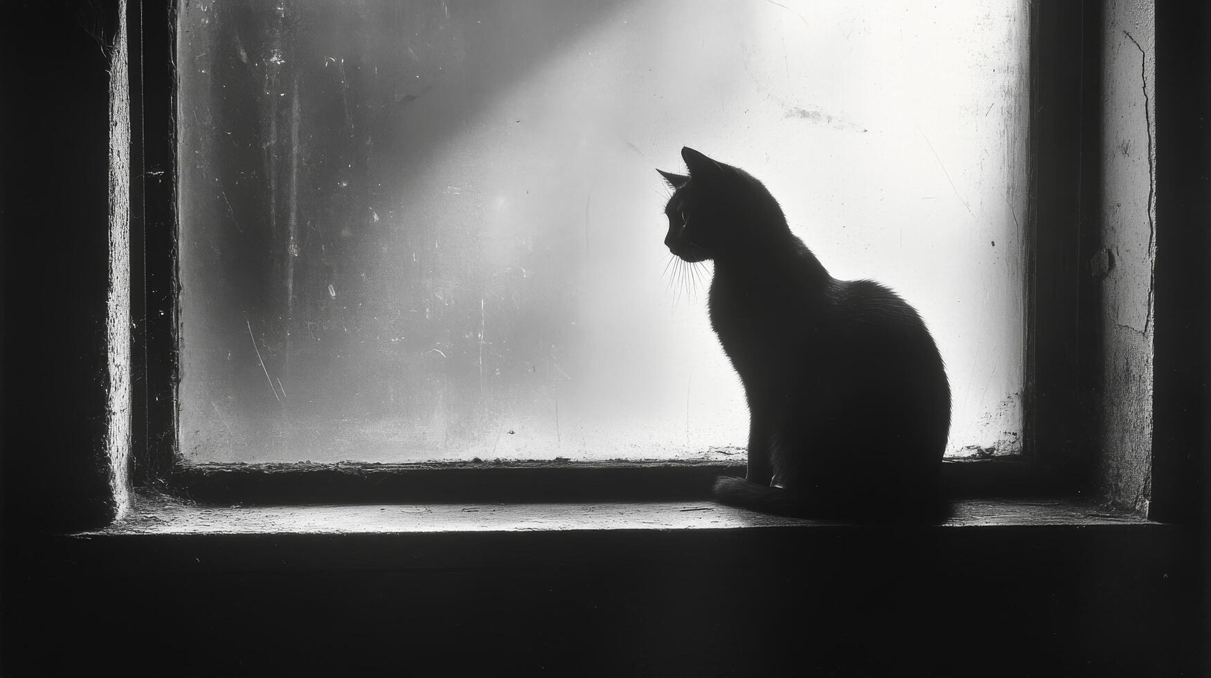 A black and white photo of a cat sitting on a window sill