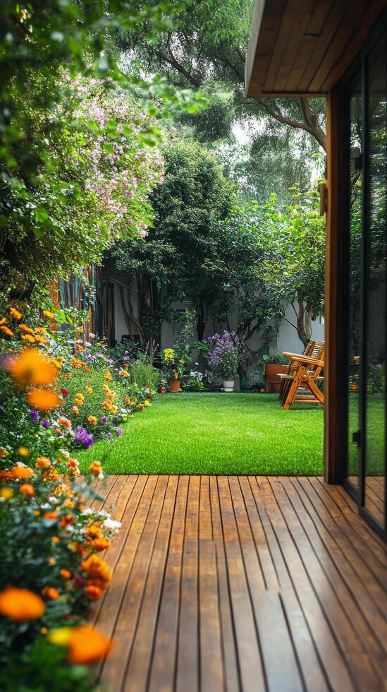 A wooden deck with flowers and a lawn photo