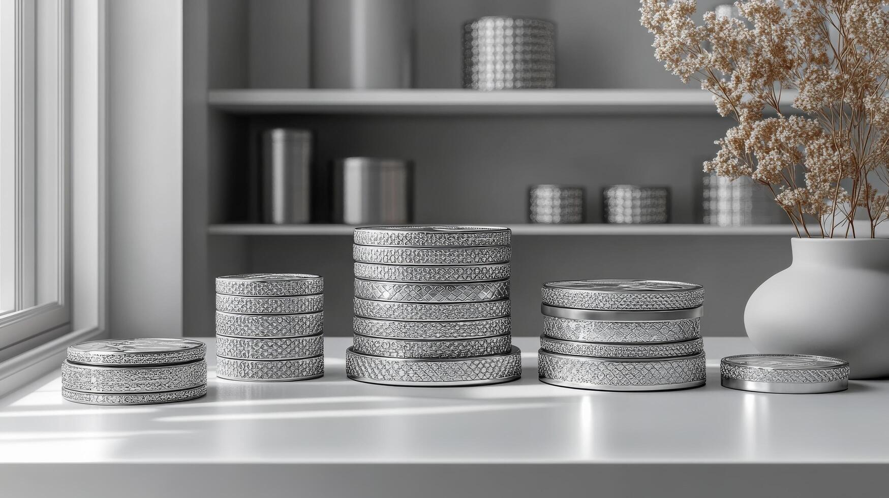 A vase of flowers and some silver containers on a table photo