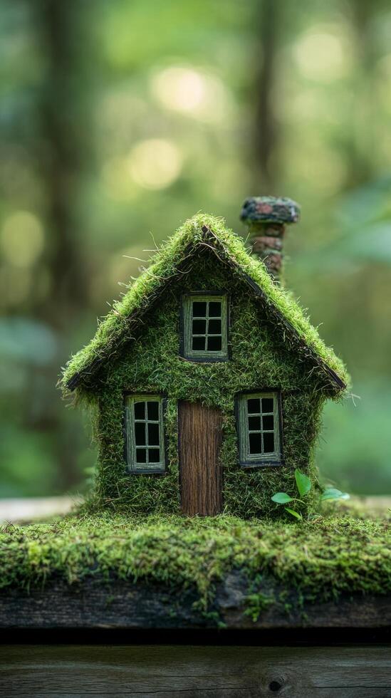 A miniature house made of moss and wood photo