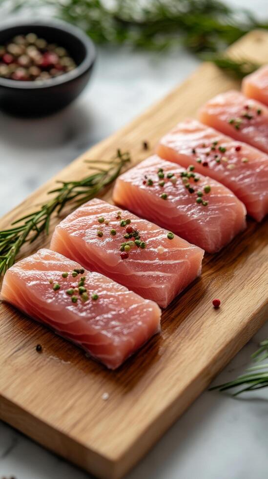 Six pieces of raw salmon on a cutting board photo