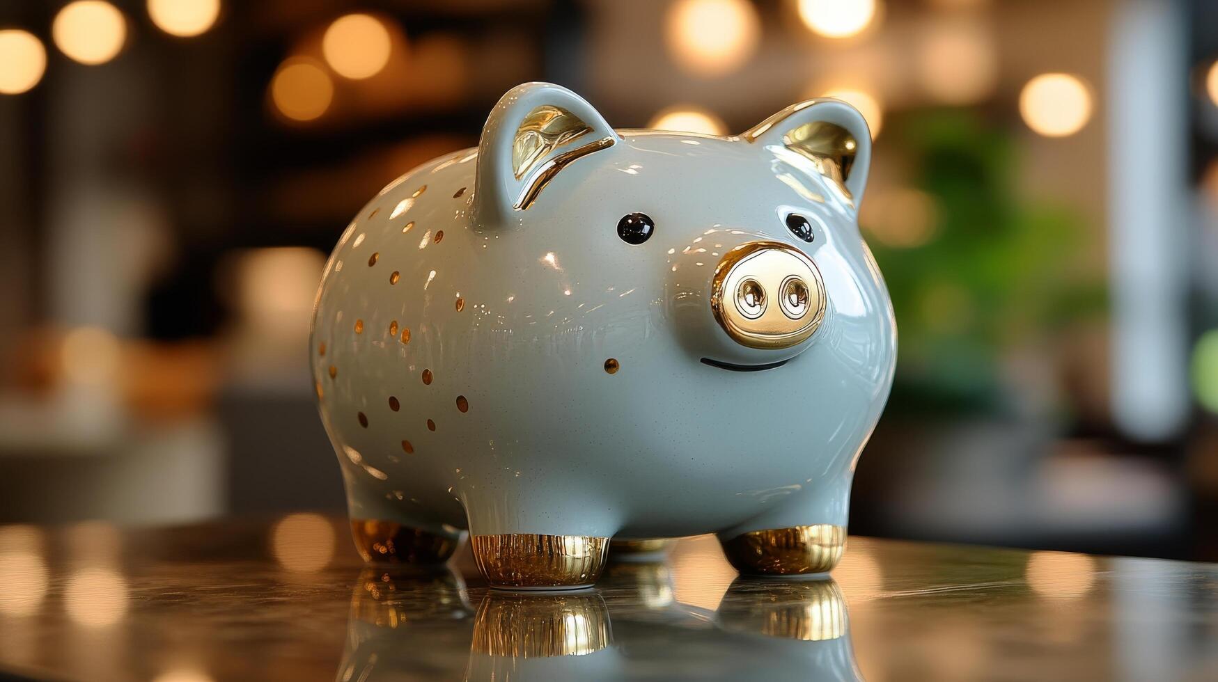 A piggy bank with gold accents sitting on a table photo