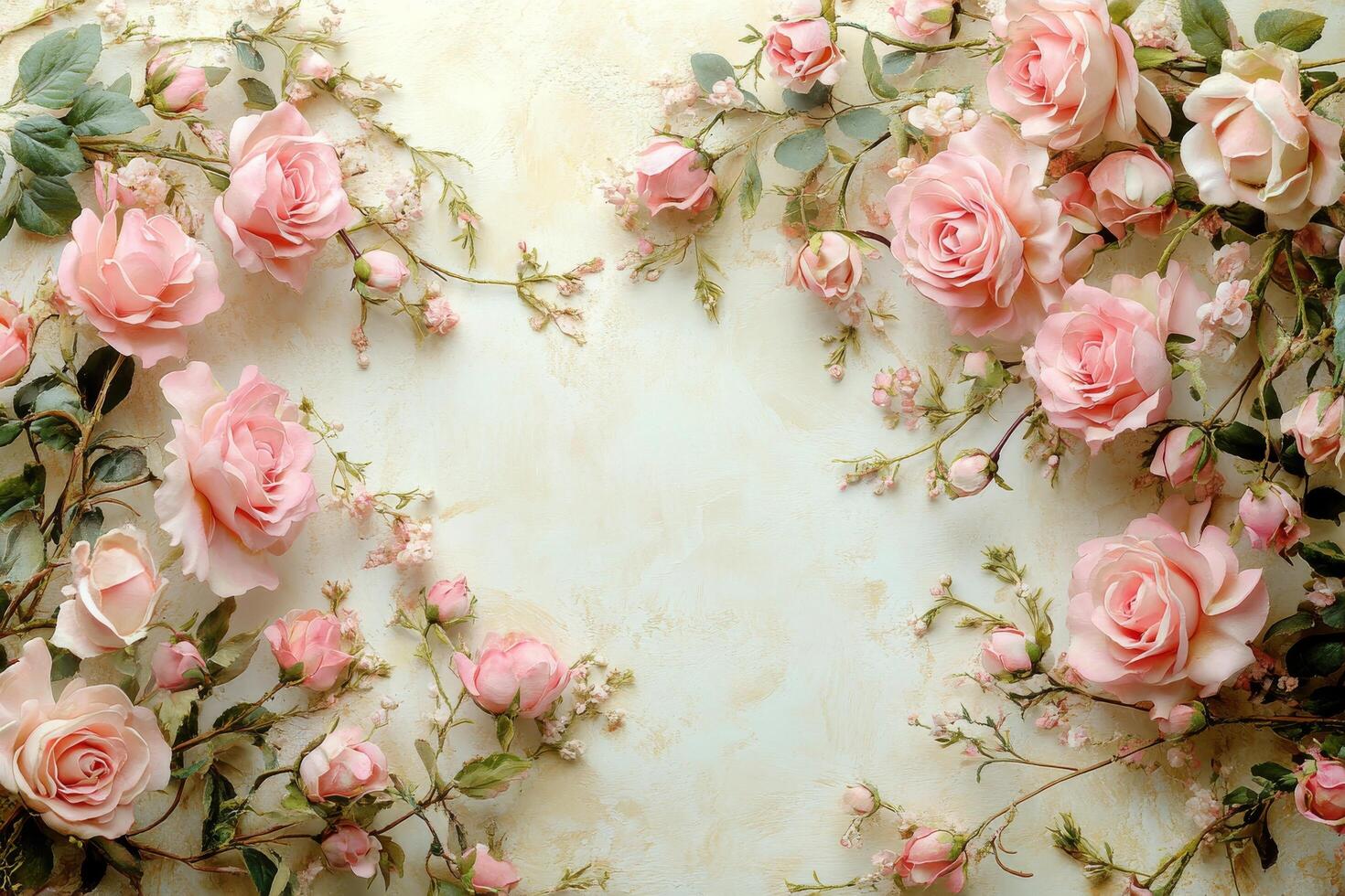 Pink roses are arranged in a heart shape on a white background photo