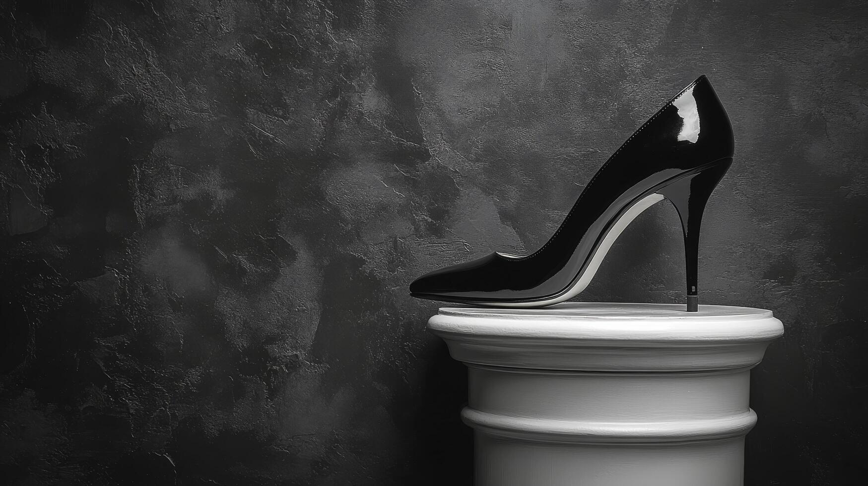 A black high heel shoe on top of a pedestal photo