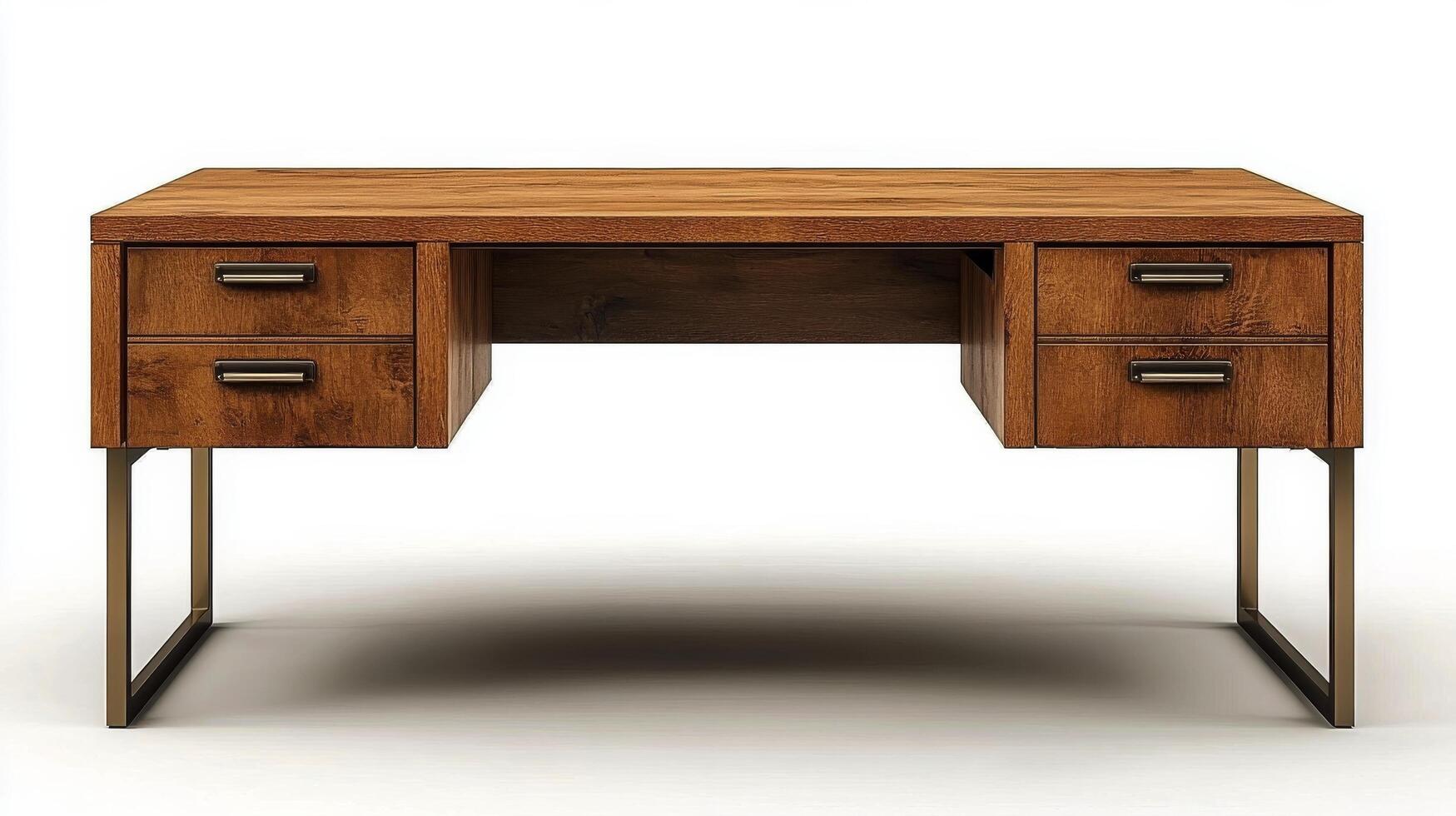 Modern wooden desk with metal legs and drawer storage for home or office workspace setup photo