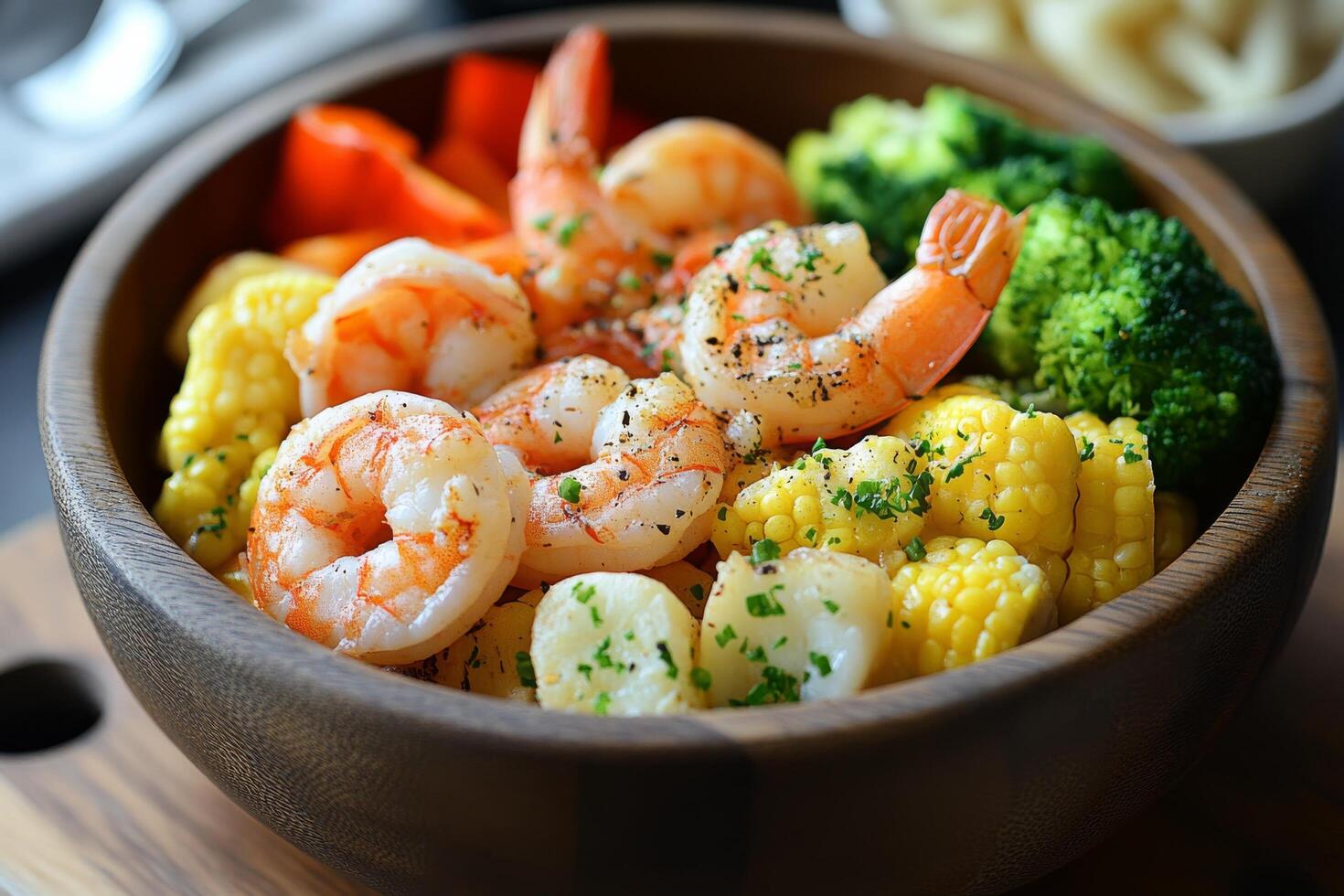A bowl of shrimp, corn and vegetables photo