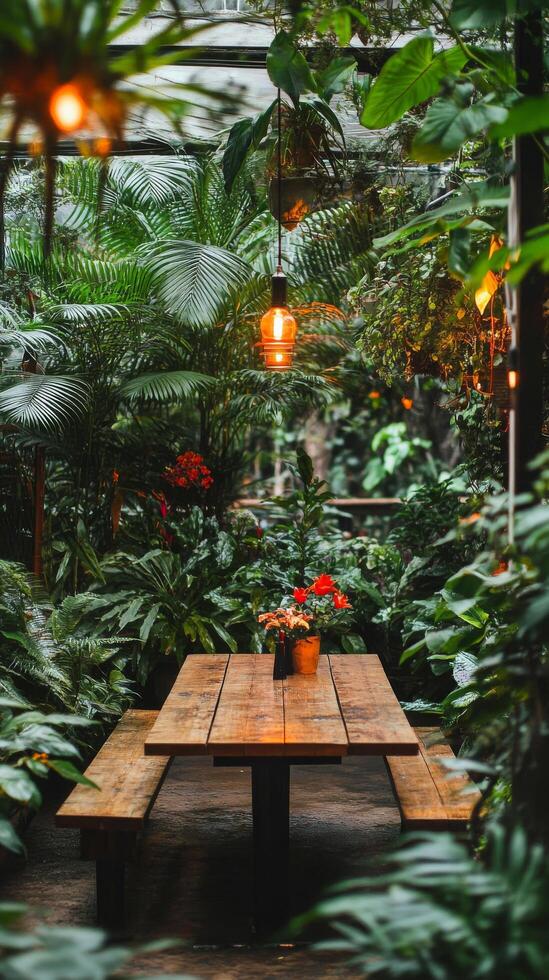 Outdoor dining area surrounded by lush greenery and warm lighting in a tranquil garden setting photo