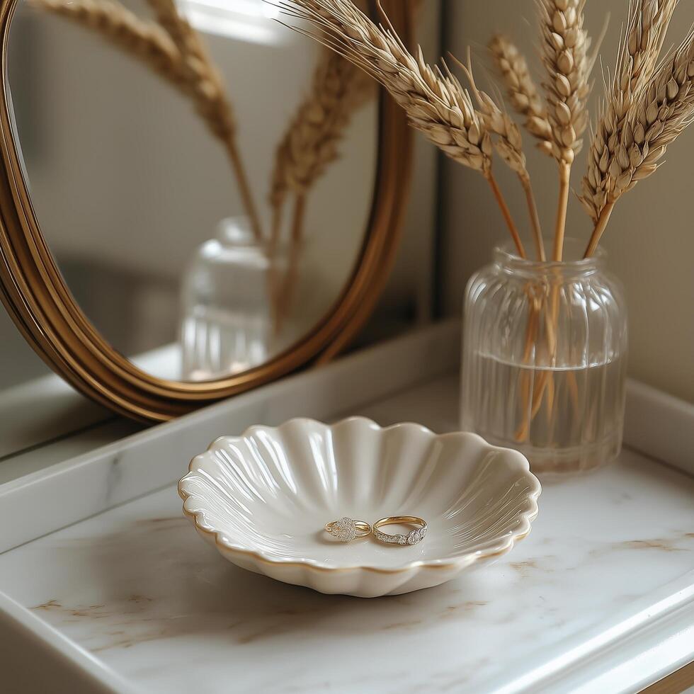 Decorative plate with rings and dried flowers on a marble surface reflecting golden mirror photo