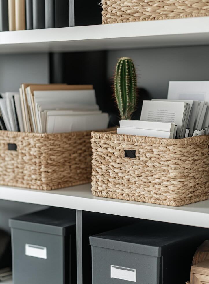 Organized workspace with wicker baskets and a cactus on a shelf photo