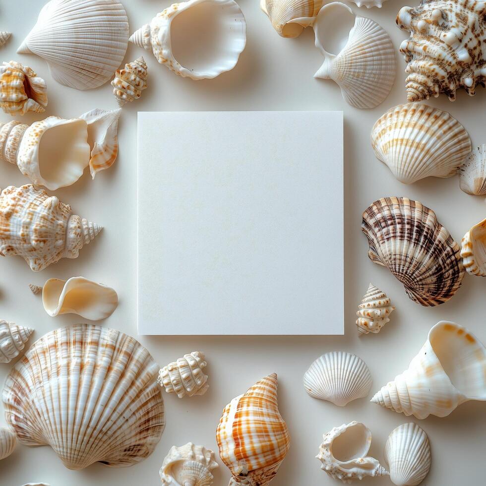 Display of various seashells surrounding a blank canvas on a light surface photo