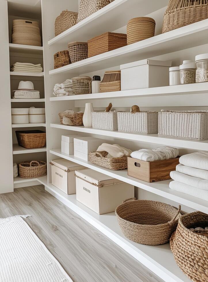 Organized home storage with baskets and neatly folded linens in a modern interior photo