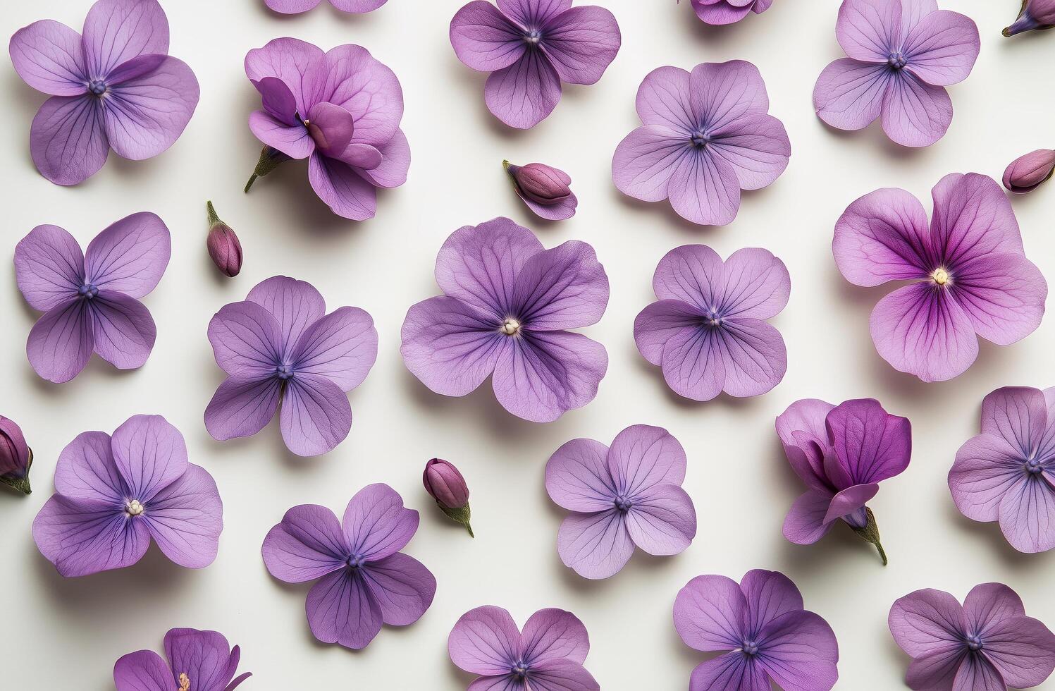 Violet flowers scattered on a white background creating an elegant floral arrangement photo
