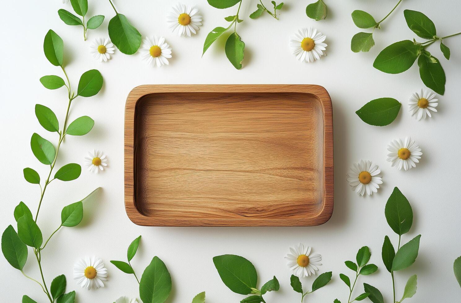 Natural wood tray surrounded by green leaves and daisies on a light background photo