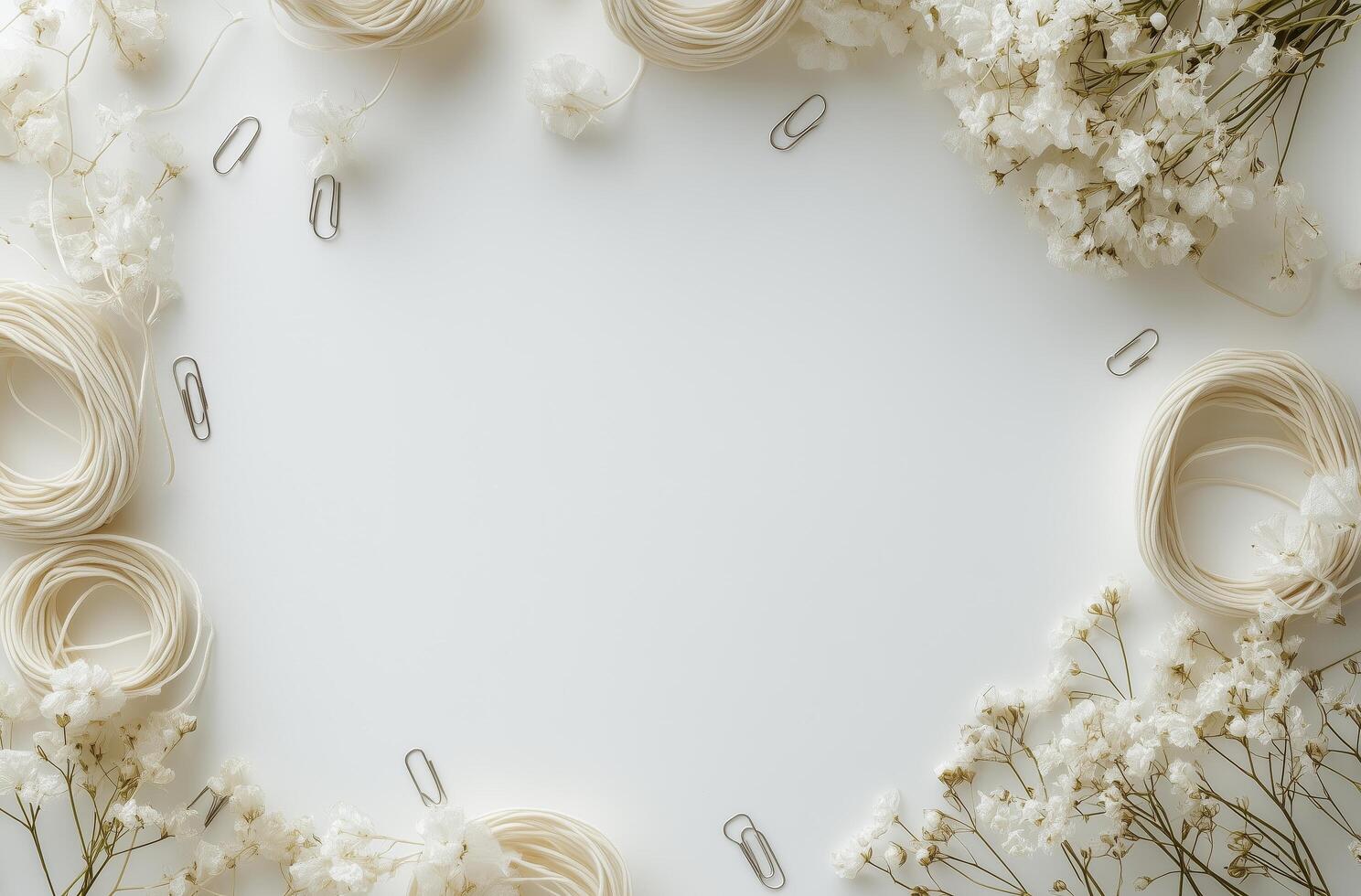 Crafting arrangement with white flowers and string on a light background photo