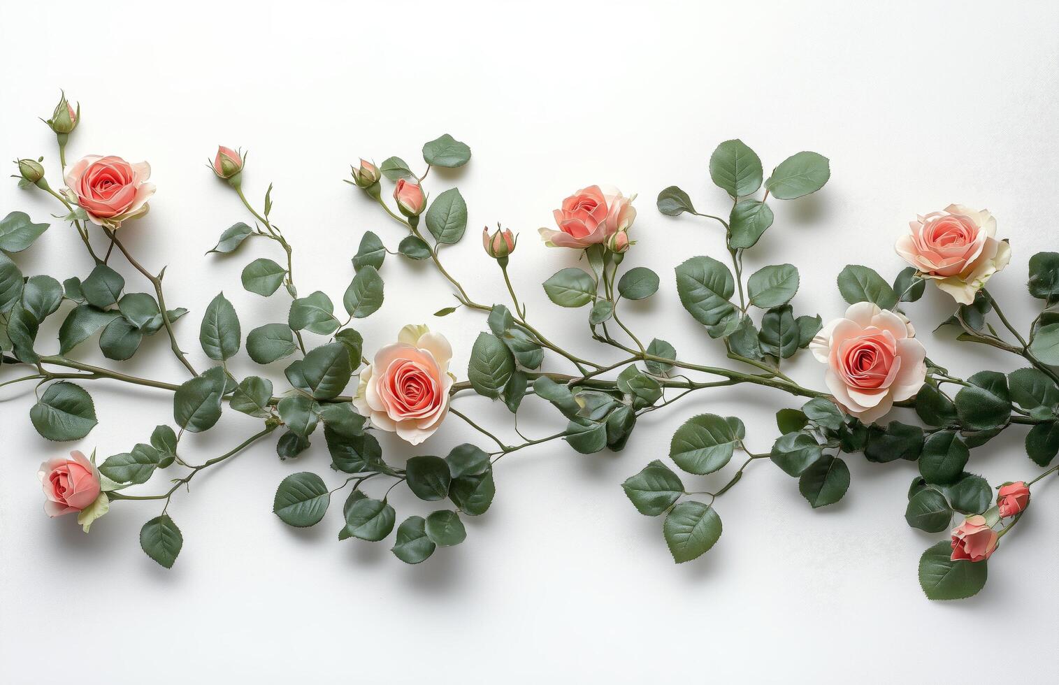 Roses with green leaves arranged in a decorative pattern on a white background photo