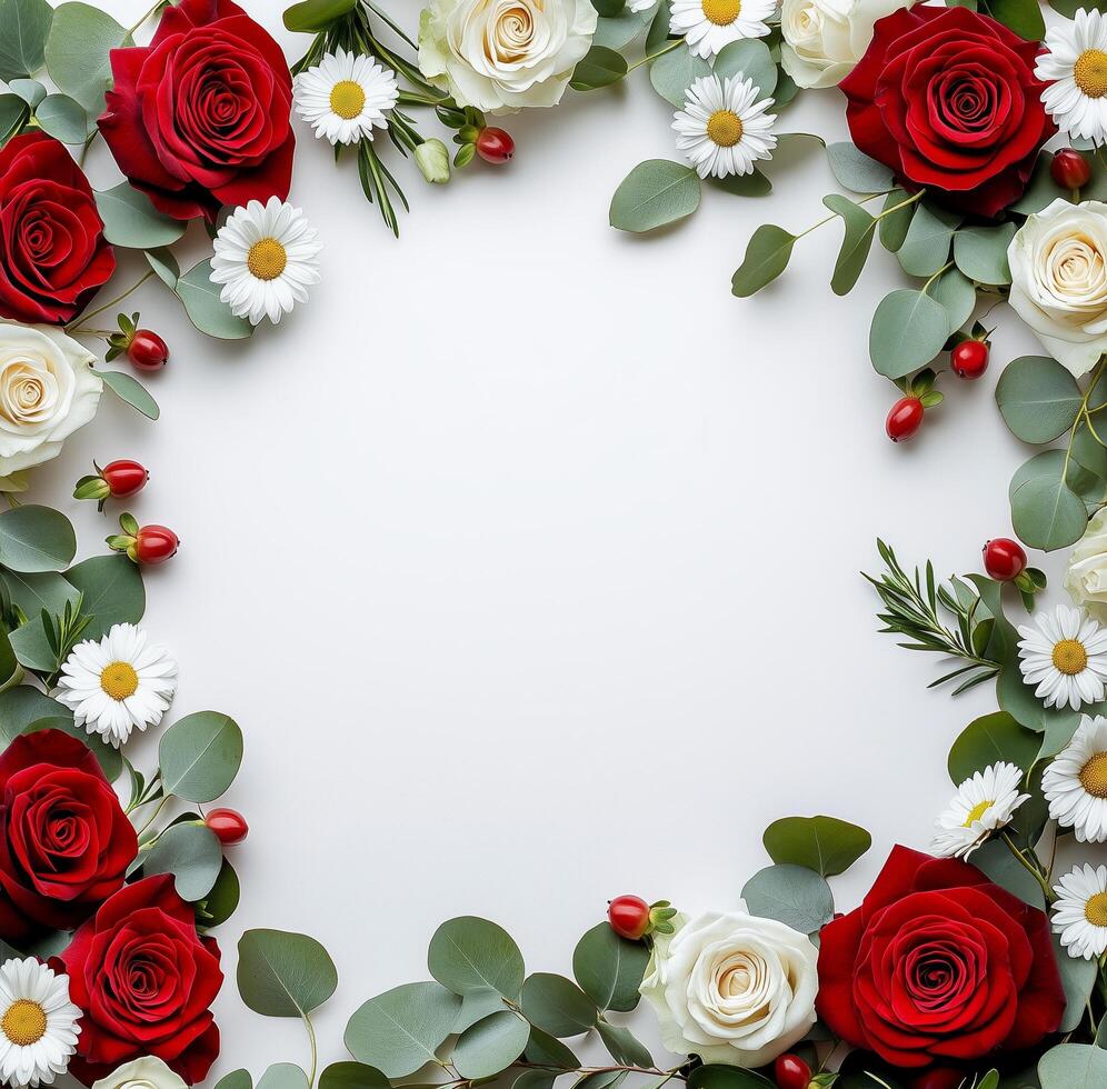 Floral arrangement with red roses and white flowers on a blank background for decoration photo