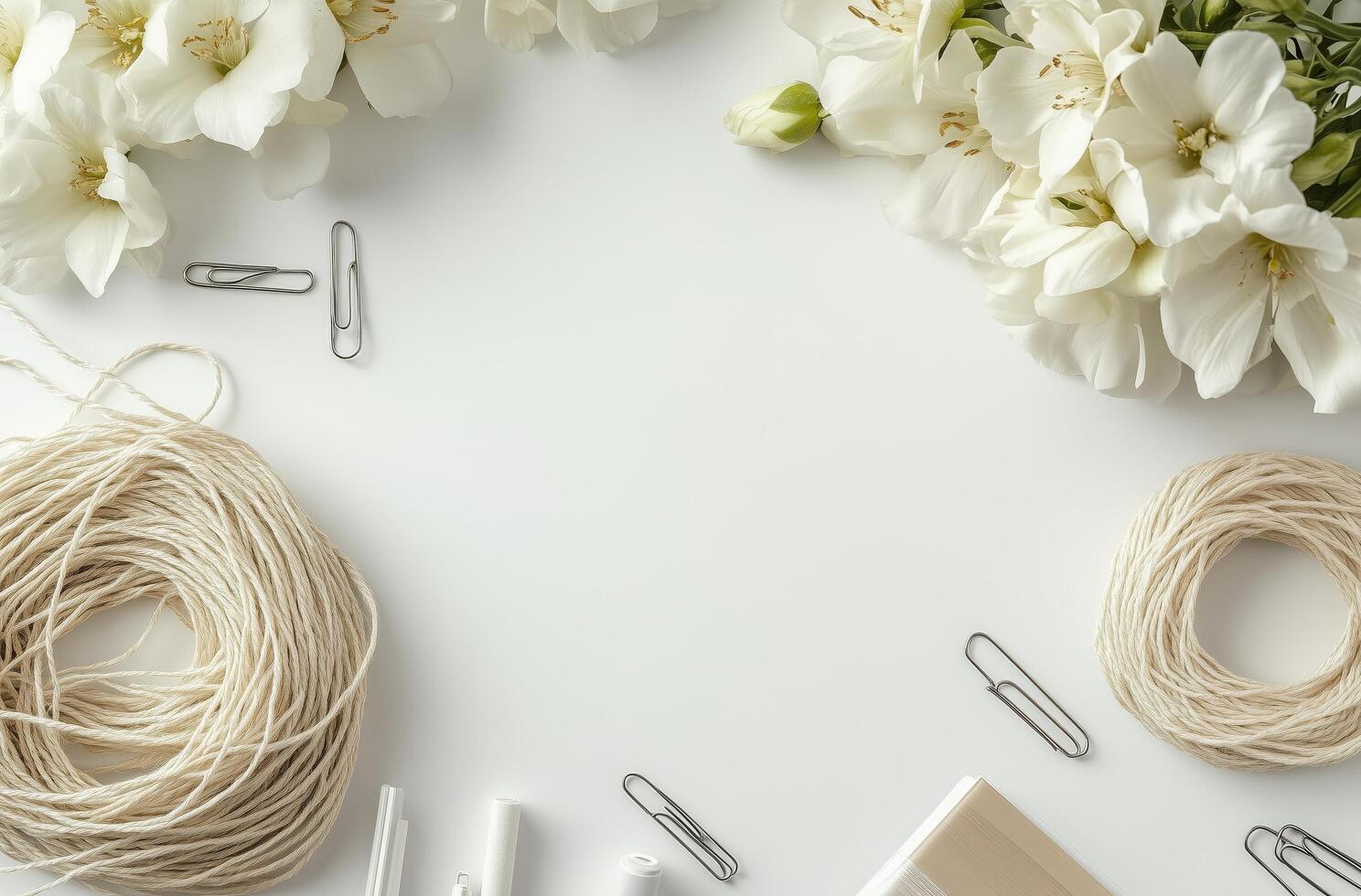 Creative workspace with white flowers, string, and stationery supplies for crafting projects photo