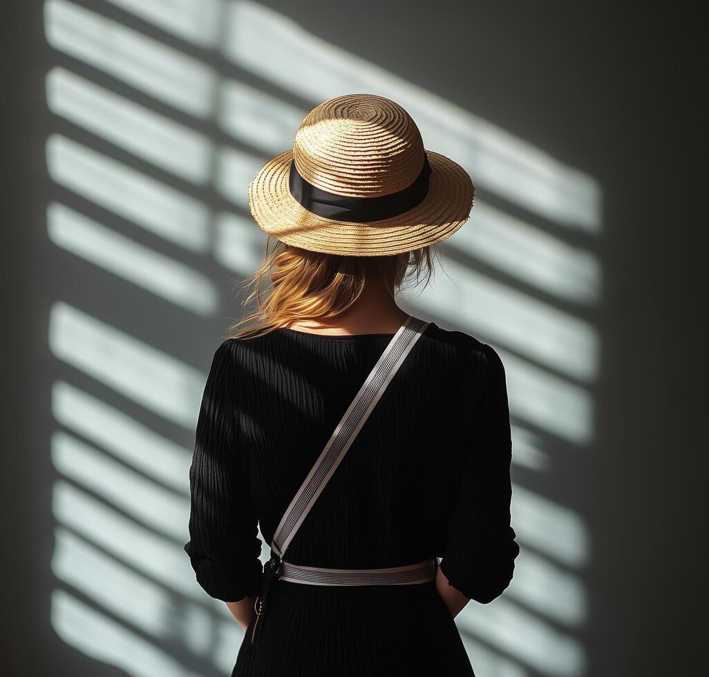 Woman in a straw hat stands against light and shadow patterns in a minimalist indoor space photo