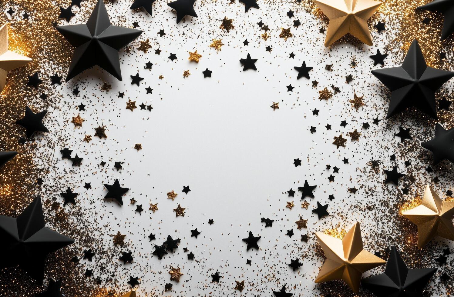 Decorative stars in black and gold create a festive backdrop for celebrations and events photo