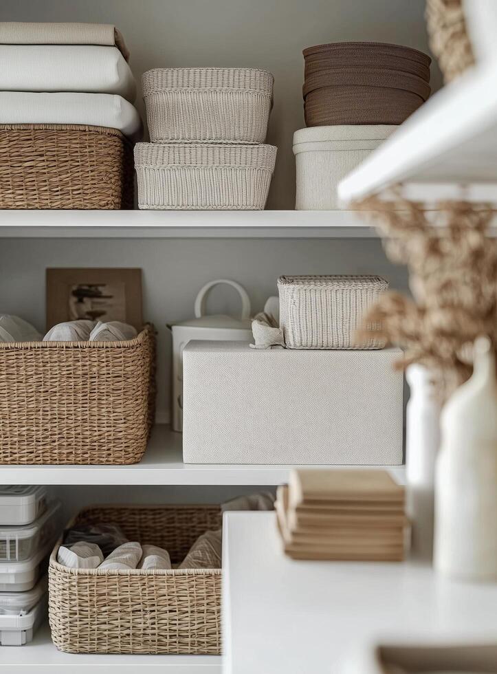 Organizing a modern storage shelf with woven baskets and neutral decor photo