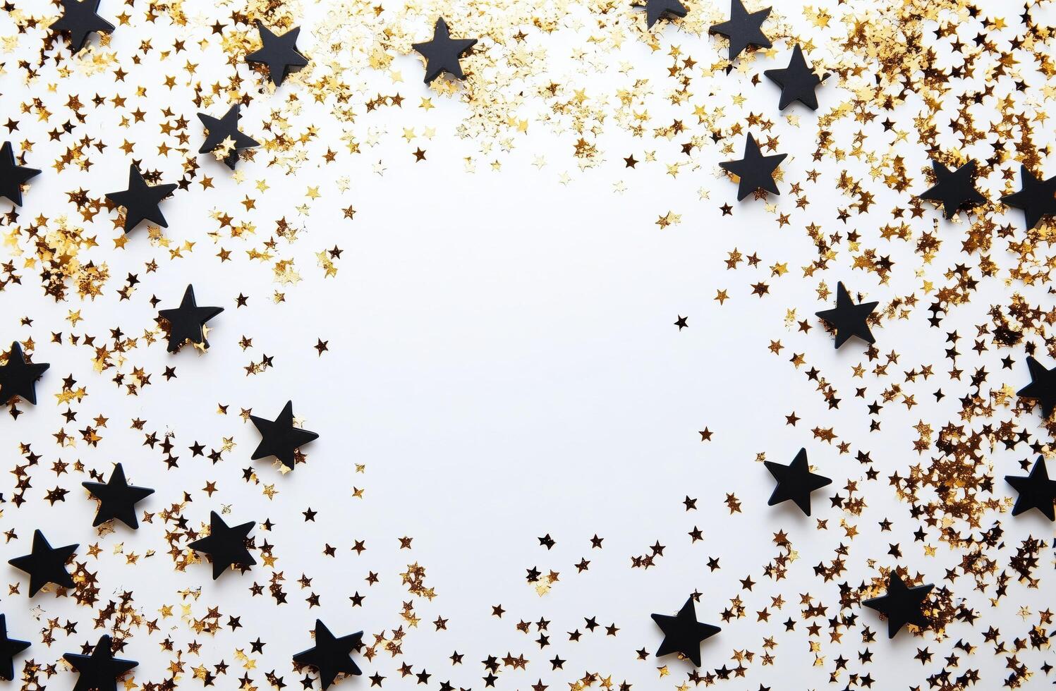 Decorative black and gold star confetti on a white background for celebrations and events photo