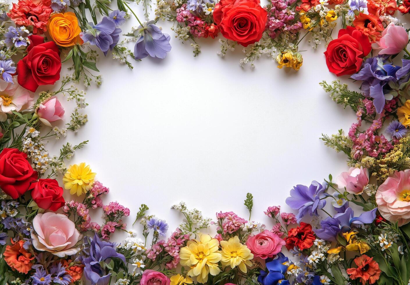 Floral arrangement with vibrant roses and wildflowers creating a colorful border on a blank surface photo