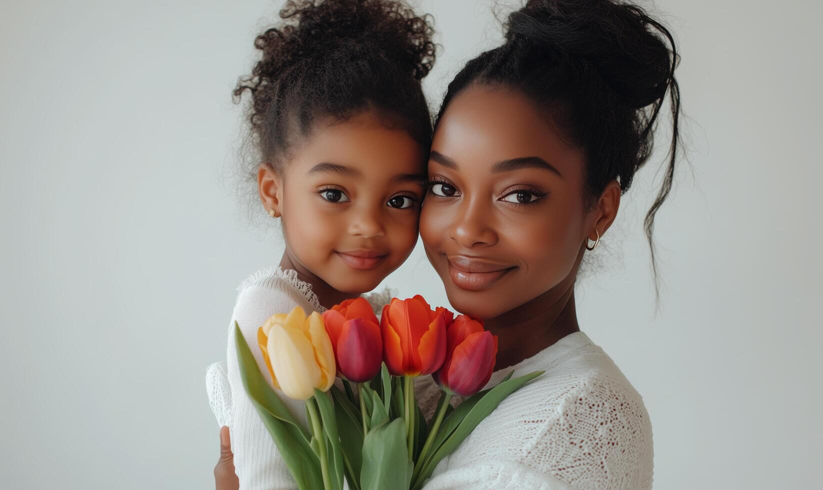 Mother and daughter share joy while holding colorful tulips in a bright setting photo