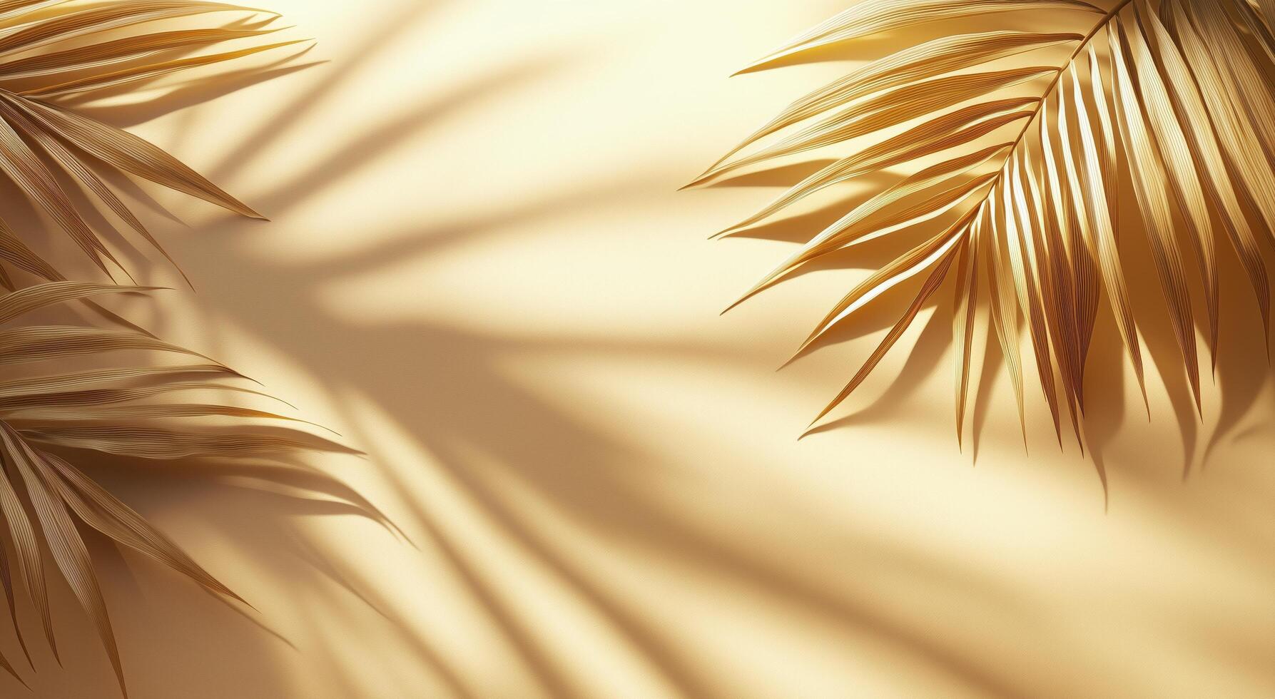 Warm sunlight casting shadows through palm leaves on a soft background photo