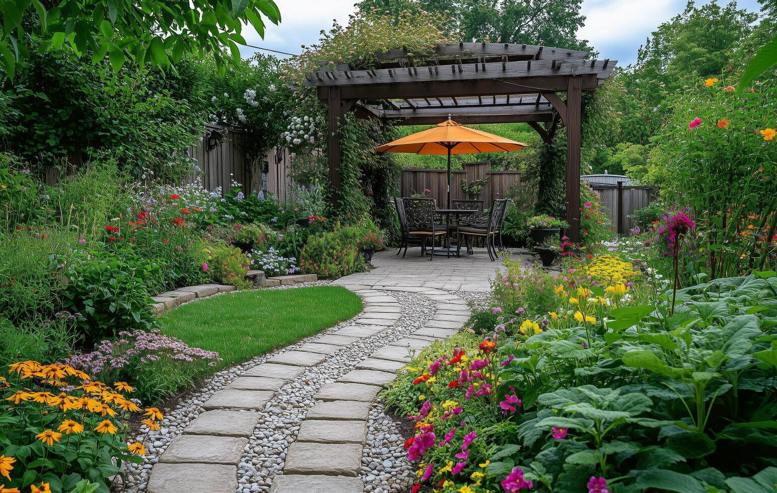 Beautiful garden pathway leading to a cozy seating area under an umbrella in summer photo