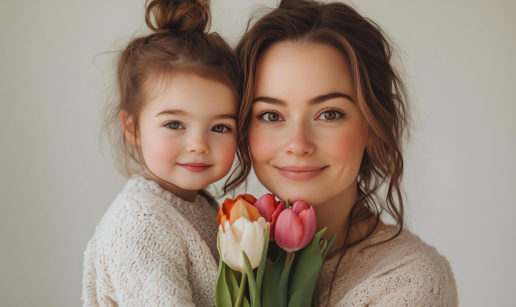 Mother and daughter share a tender moment with flowers in a cozy indoor setting photo