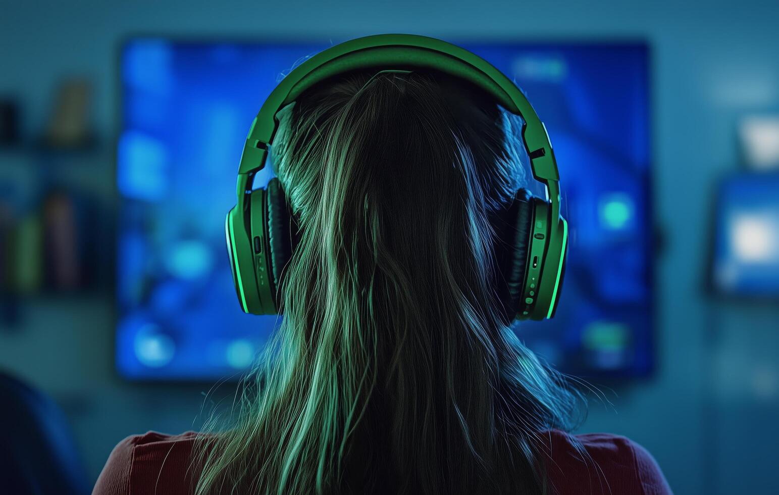 Engaging gaming session with neon headphones in a modern gaming room at night photo
