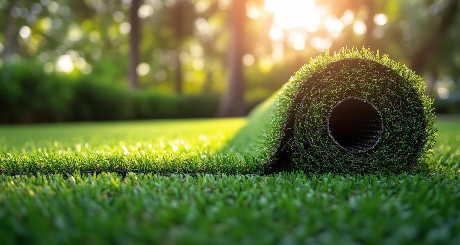 Freshly rolled artificial grass on a sunny day in a green park setting photo