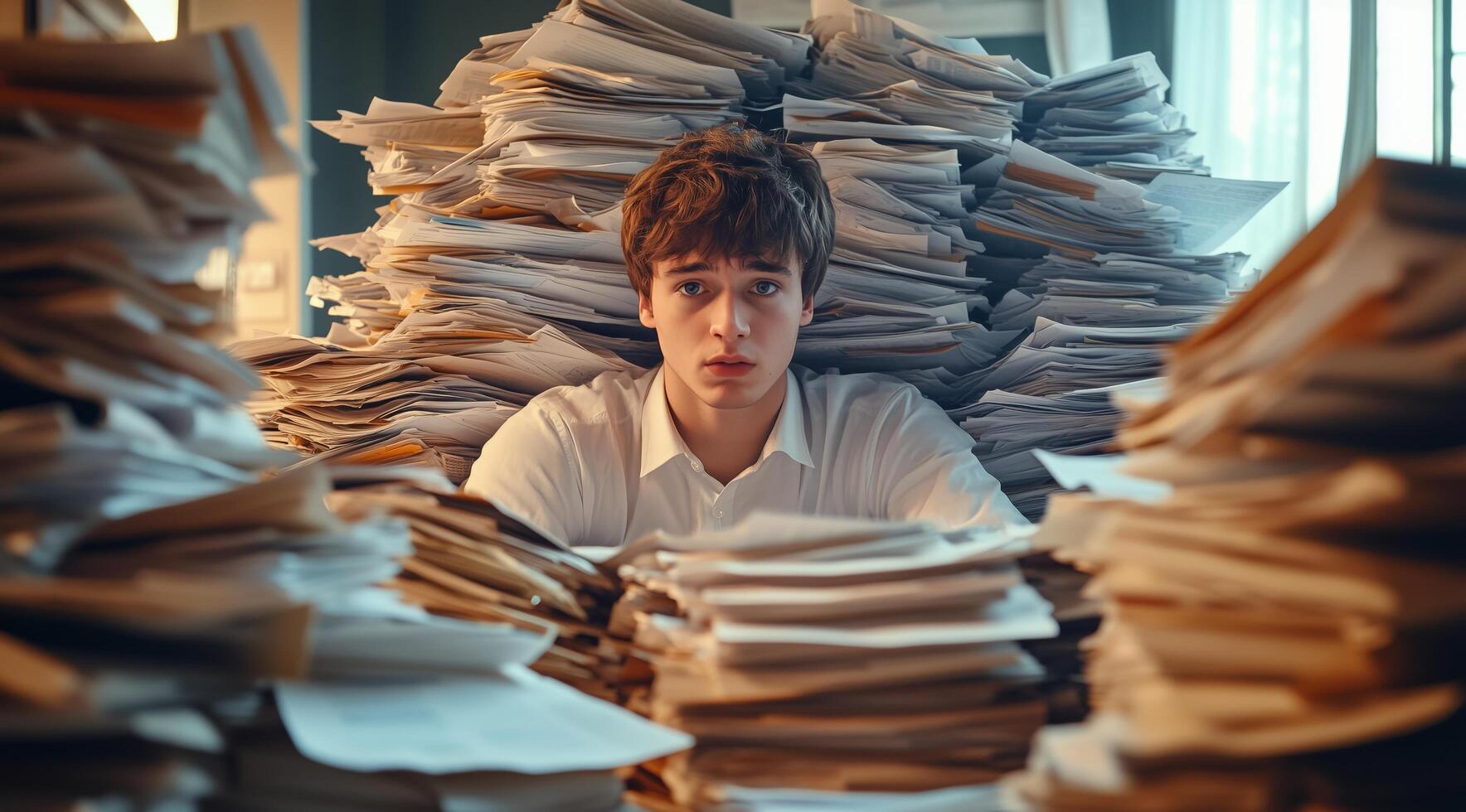 Struggling student overwhelmed by papers in a cluttered study environment photo