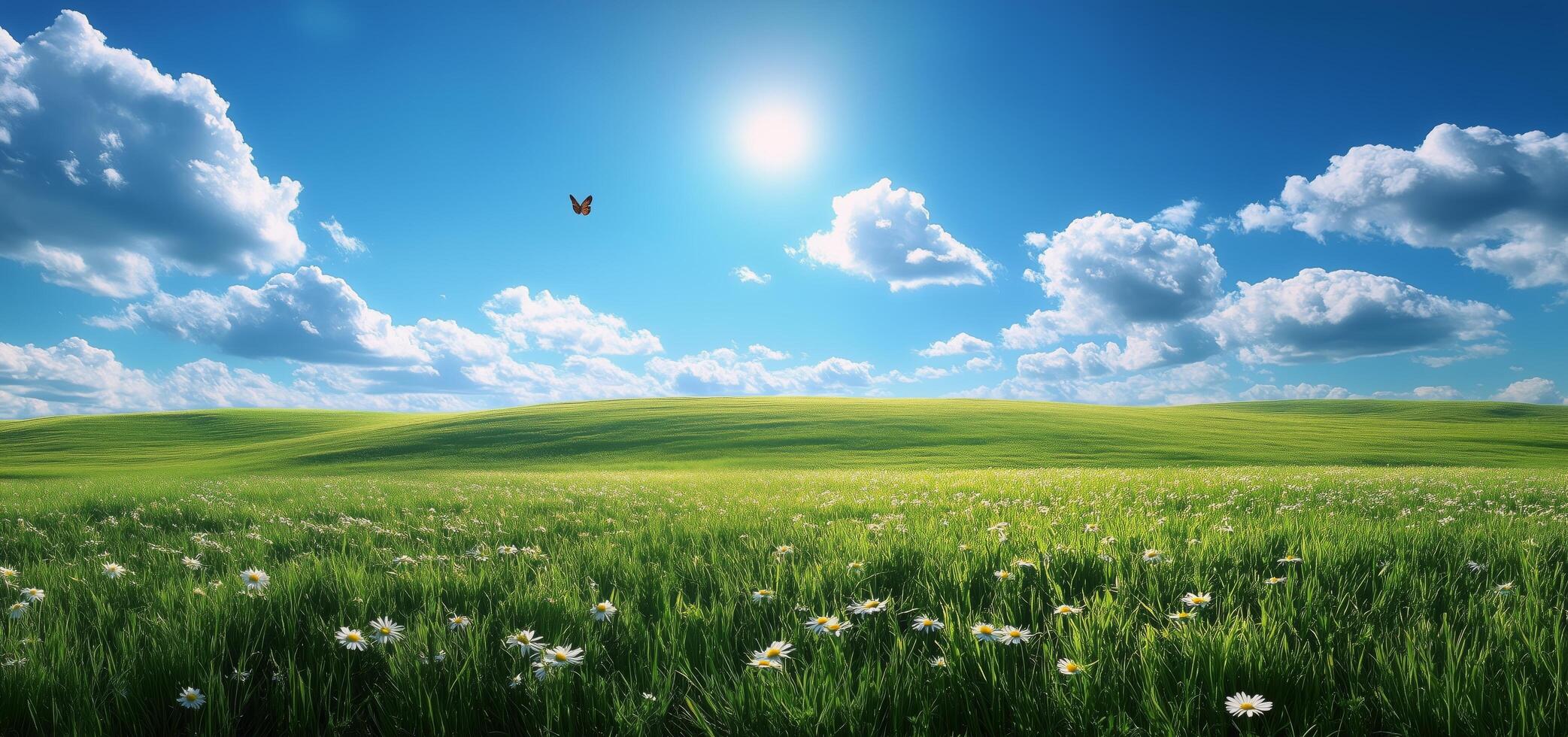 Beautiful green field under a bright blue sky with clouds and a butterfly flying in the distance photo
