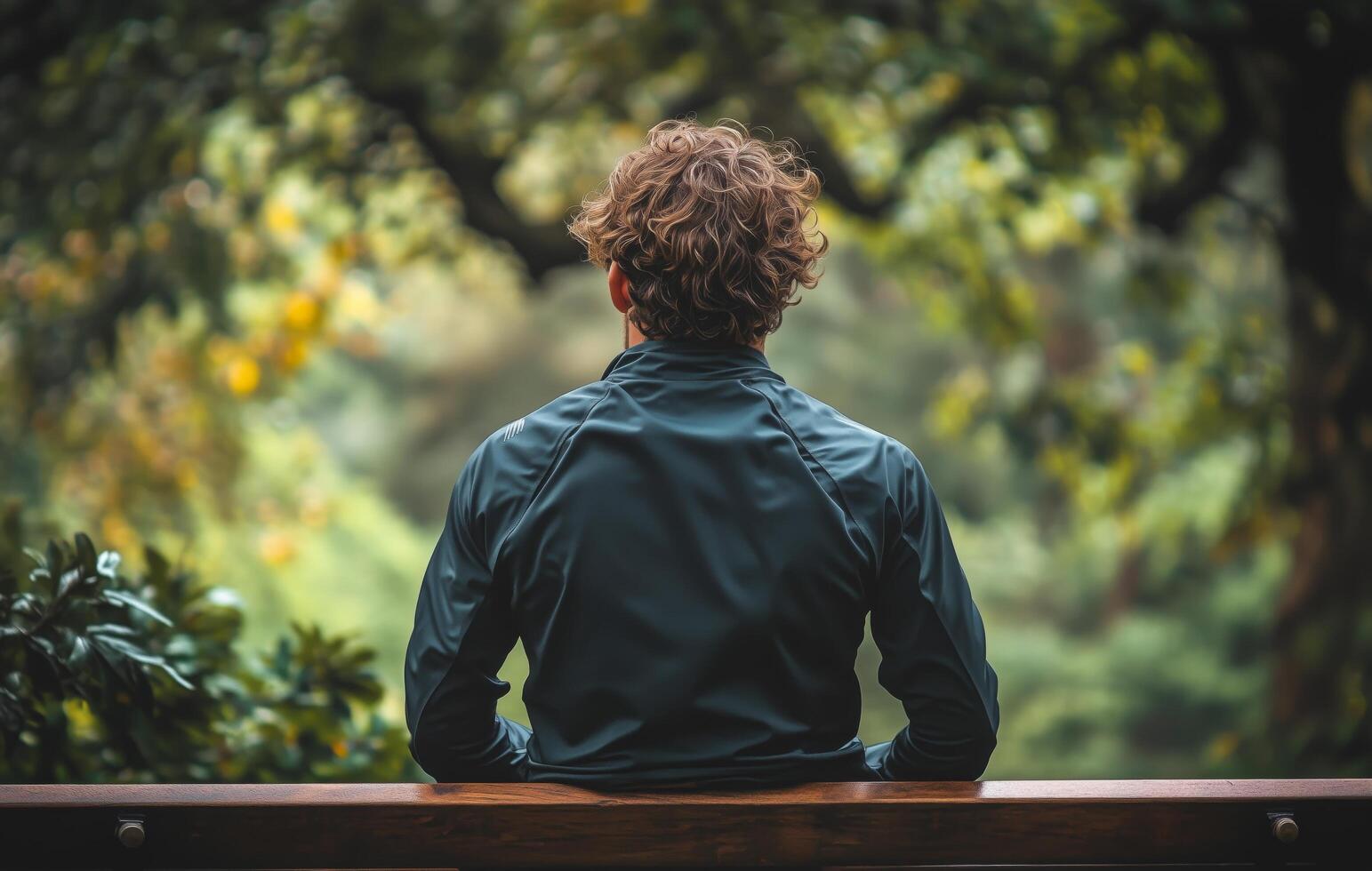 Contemplative moment in nature viewed from behind in a tranquil park setting photo