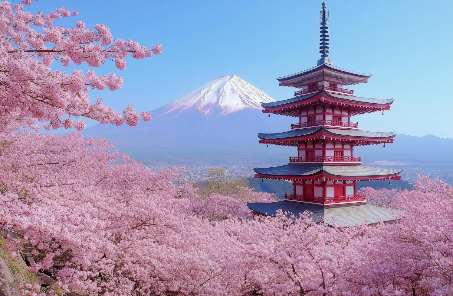 Cherry blossoms bloom near pagoda with Mount Fuji in the background during spring daylight in Japan photo