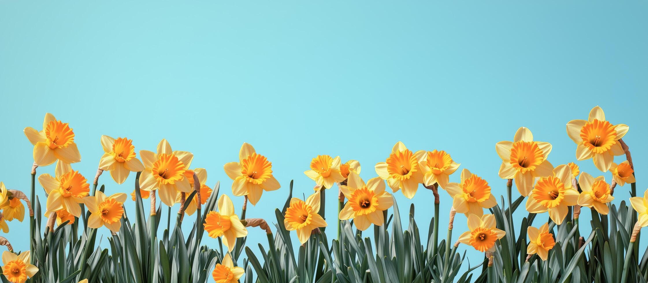 Beautiful field of blooming daffodils under a clear blue sky photo