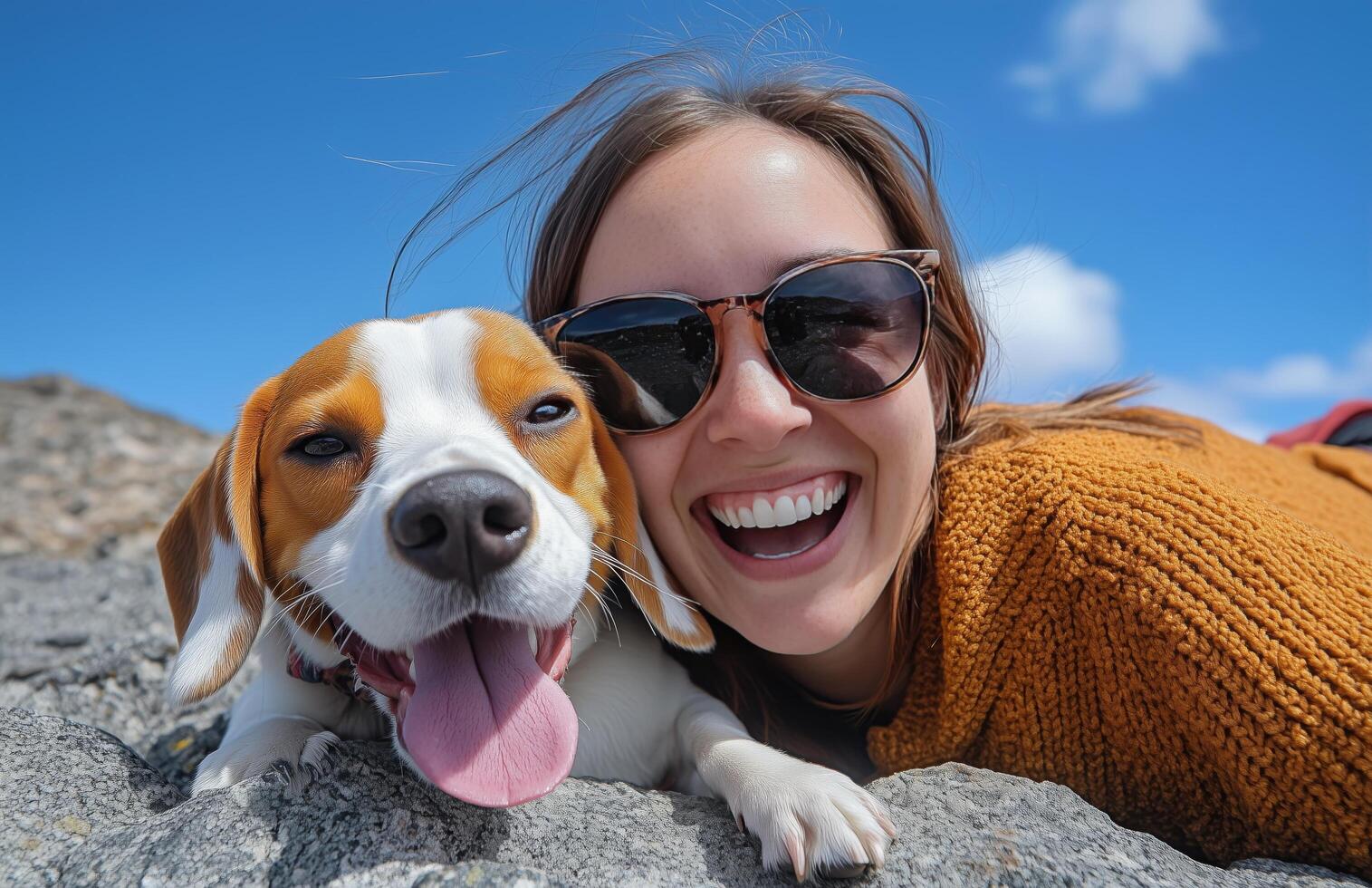 Woman and beagle enjoy a sunny day outdoors on rocky terrain with clear blue skies photo