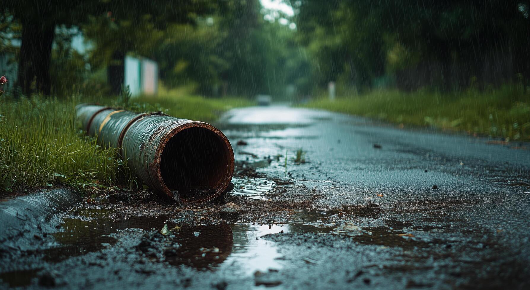Rainwater flows from a rusted pipe along a deserted road surrounded by greenery photo
