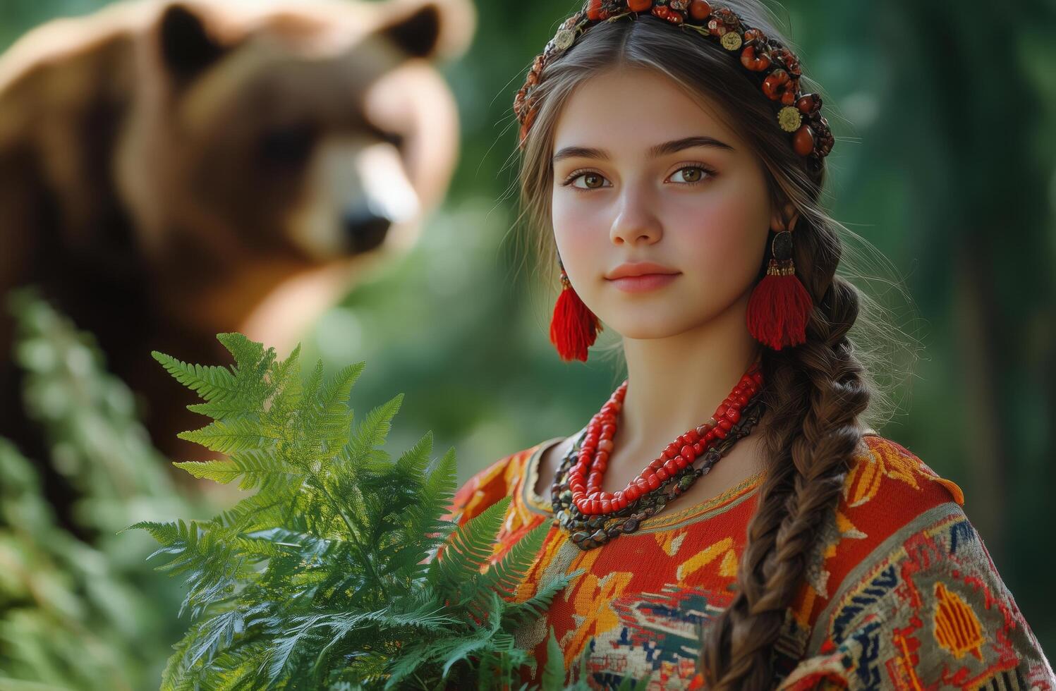 Young girl in traditional attire holds fern while bear watches in forest photo