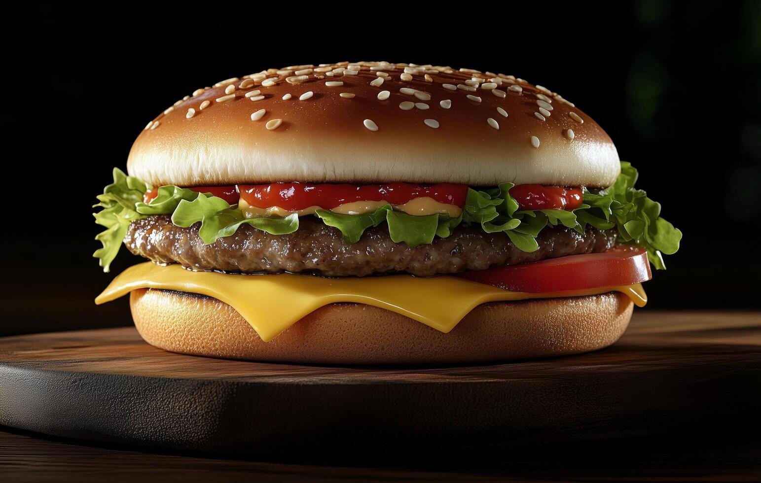 Delicious cheeseburger with fresh ingredients on a wooden board under soft lighting photo