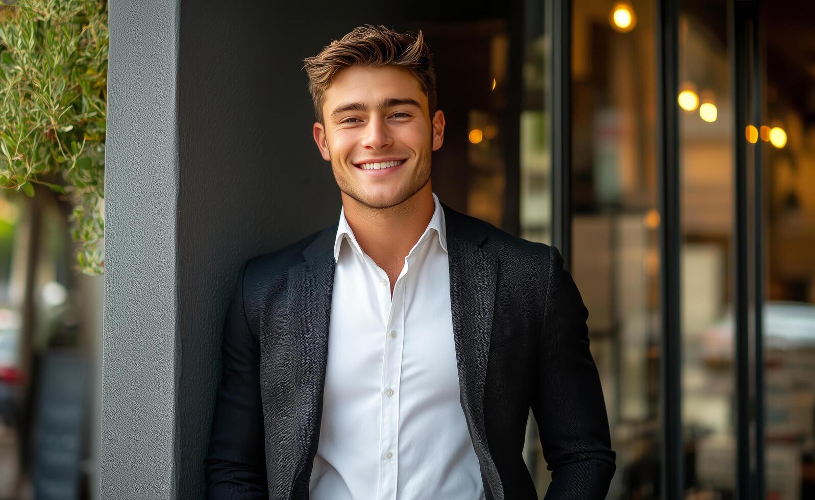 Young man in stylish suit smiles confidently outside modern cafe during daylight photo