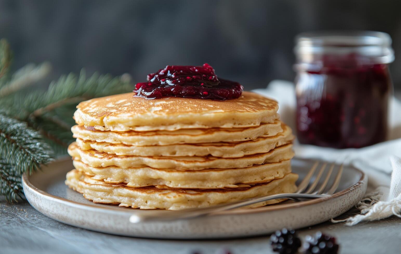 Stack of fluffy pancakes topped with berry jam and served with a fork on a rustic table photo