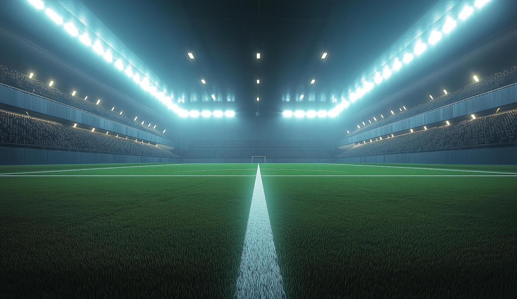 Bright stadium lights illuminate a football field ready for an exciting match at night photo